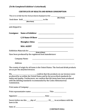 Certificate of Health and Human Consumption