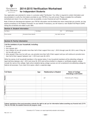 2014-2015 Verification Worksheet for Independent Students