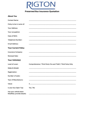 Preserved Bus Insurance Quotation Form