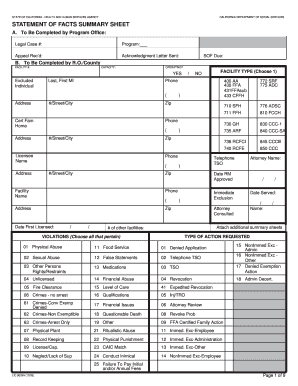 California Statement of Facts Summary Sheet