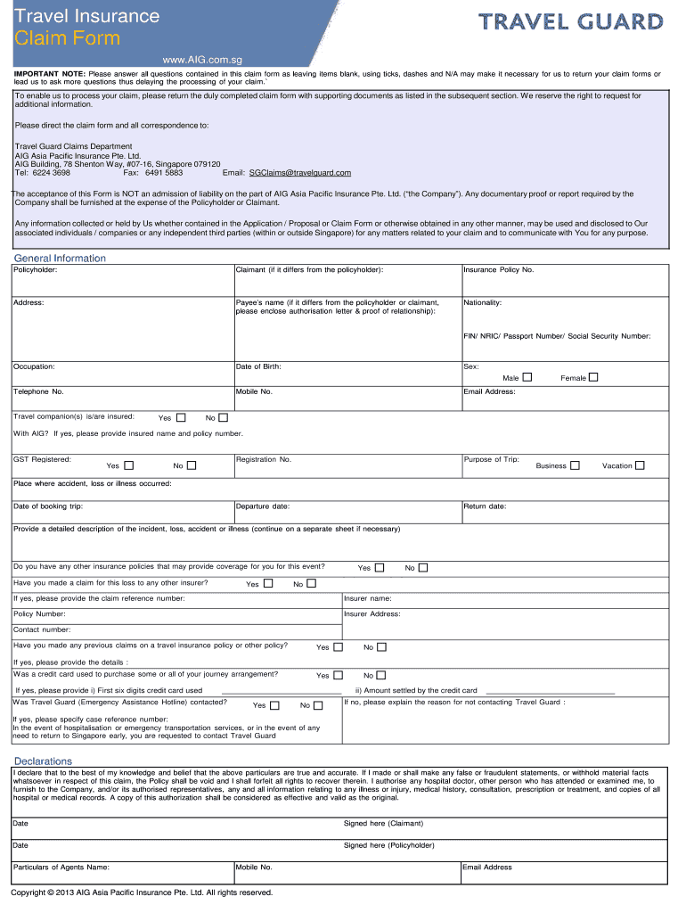 Fillable Online Travel Guard Claim Form siteamended07062013 Fax Email Print pdfFiller