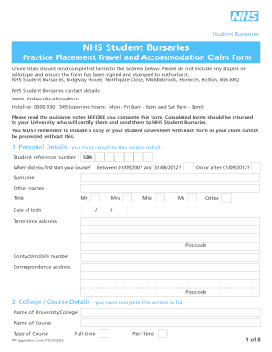 NHS Student Bursaries Travel and Accommodation Claim Form