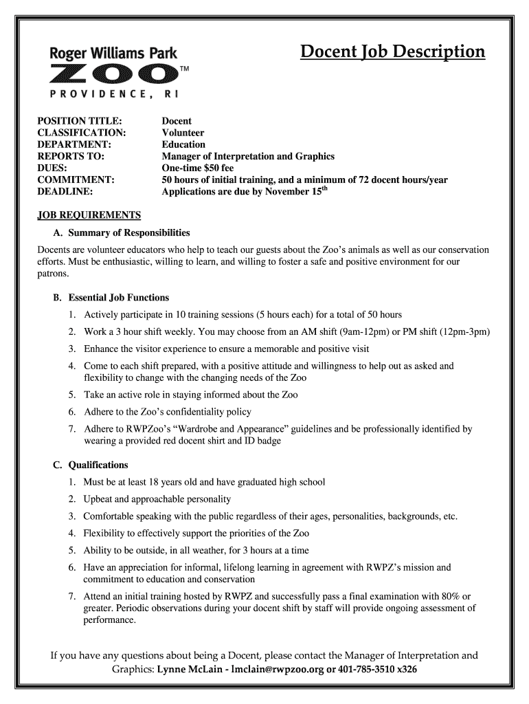 Fillable Online Rwpzoo Docent Job Description Rwpzoo Fax Email Print 