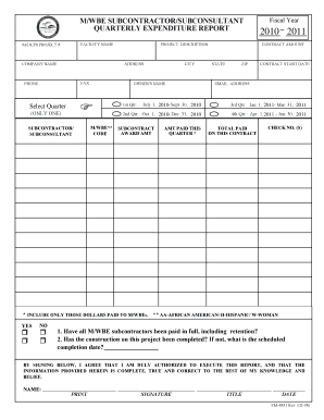 M/WBE Subcontractor Quarterly Expenditure Report