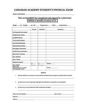 Canadian Academy Student Physical Exam Form