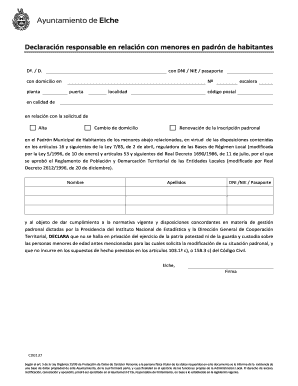Declaración responsable en relación con menores en padrón de habitantes