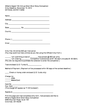 Writer's Digest Short Short Story Competition Entry Form