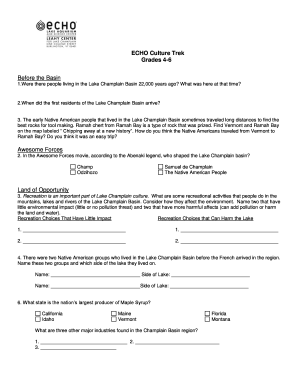 Lake Champlain Basin Educational Worksheet