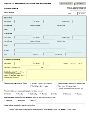 Children's Fitness Centres of Canada Application Form