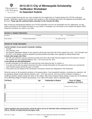 2012-2013 Minneapolis Scholarship Verification Worksheet