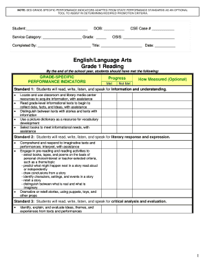 New York Grade 1 English Language Arts Performance Indicators