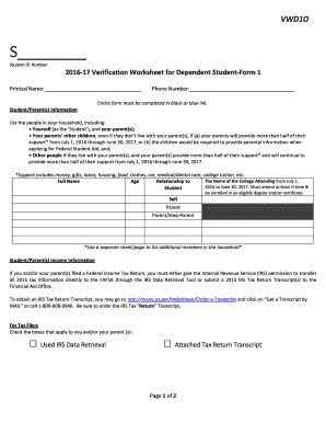 2016-17 Verification Worksheet for Dependent Student