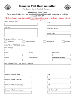 Ladies Gaelic Football Association Accident Fund Claim Form