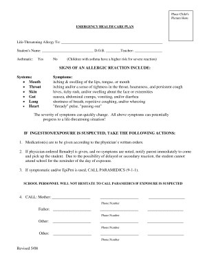 Emergency Health Care Plan for Allergies