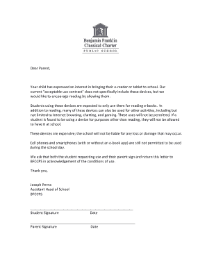 E-Reader Tablet Permission Letter