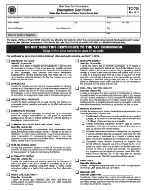 Utah Sales Tax Exemption Certificate TC-721