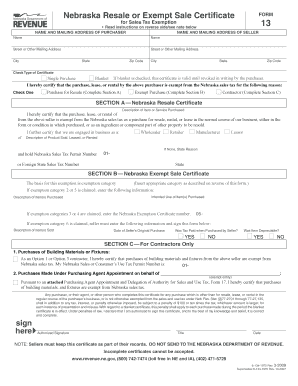 Nebraska Resale or Exempt Sale Certificate