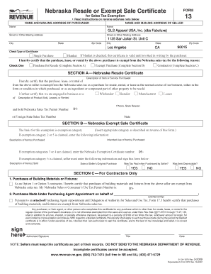 Nebraska Resale or Exempt Sale Certificate
