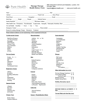 Massage Therapy Health History Form