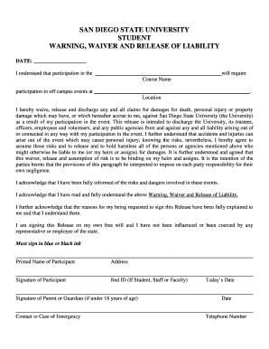 San Diego State University Student Warning Waiver Release