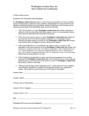 Worthington Aviation Parts End Use Certificate