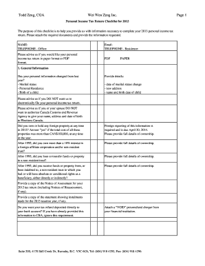 2013 Personal Income Tax Return Checklist