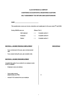 UK Self Assessment Tax Return 2009 Questionnaire