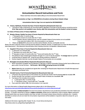 Massachusetts Immunization Record Form