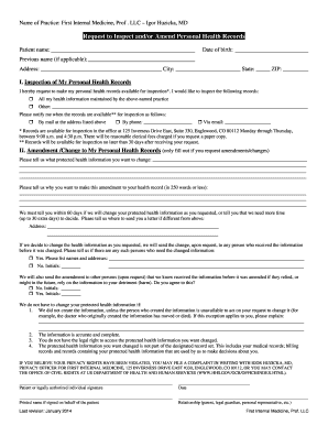 Request to Inspect and/or Amend Personal Health Records