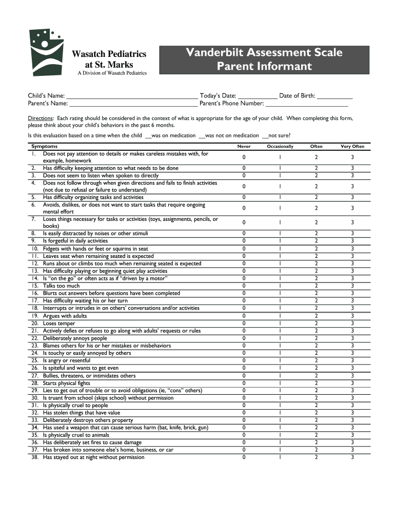 Fillable Online wasatchpeds Vanderbilt Assessment Scale Fax Email Print