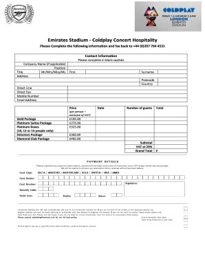 Coldplay Concert Hospitality Booking Form