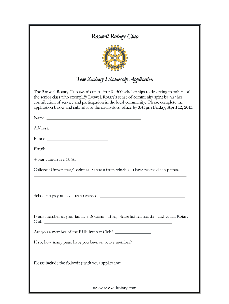 Roswell Rotary Tom Zachary Scholarship Application2013 Preview on Page 1