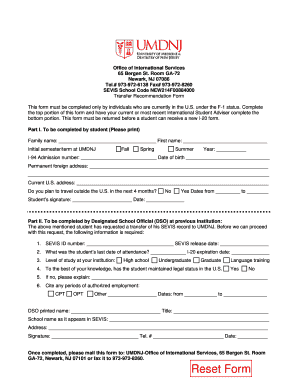 Transfer Recommendation Form for F-1 Students