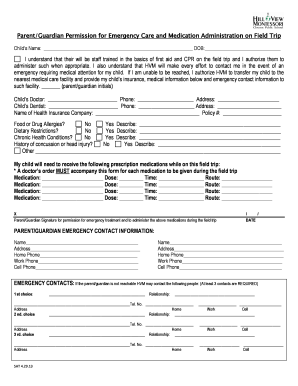 Parent Permission for Emergency Care and Medication Administration on Field Trip