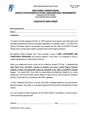 ESOL Employment Understanding Form