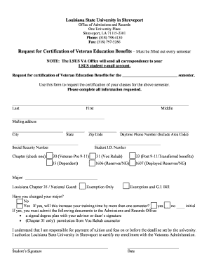 Request for Certification of Veteran Education Benefits