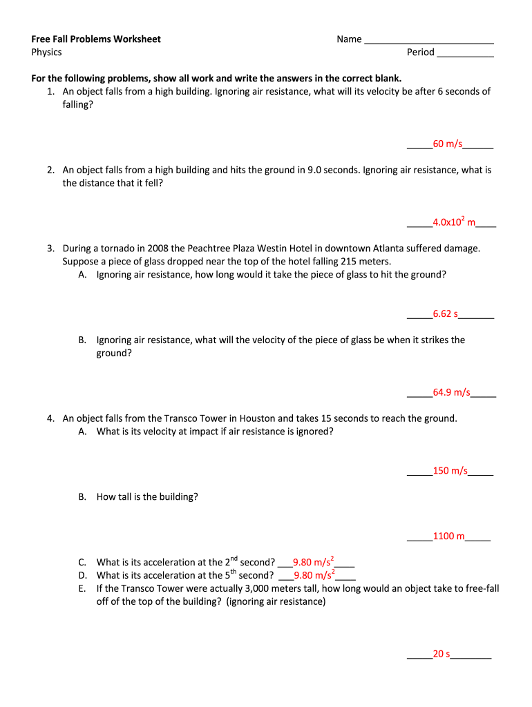 Fall Problems Worksheet - Fill Online, Printable, Fillable, Blank In Free Fall Problems Worksheet