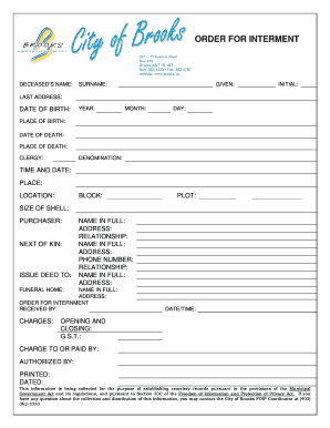 Order for Interment Form