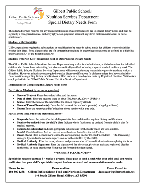 Gilbert Public Schools Special Dietary Needs Form