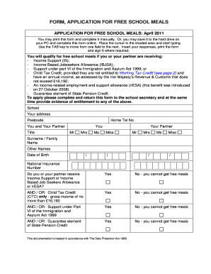 Application for Free School Meals