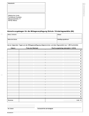 Abrechnungsbogen für die Mittagsverpflegung Schule / Kindertagesstätte
