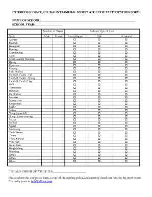 Intercollegiate Club Intramural Sports Participation Form