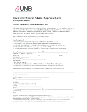 UNB Open Entry Course Advisor Approval Form