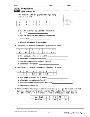 Line of Best Fit Worksheet