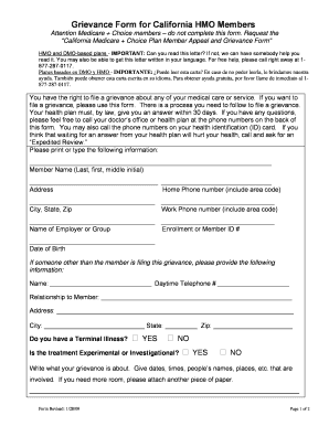 California HMO Member Grievance Form