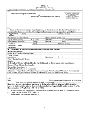 Form 8 - Application for Correction to Electoral Roll