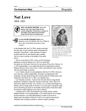 Nat Love Biography Worksheet