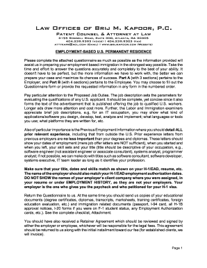 US Permanent Residence Employment Questionnaire