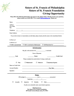 Sisters of St. Francis Donation Form