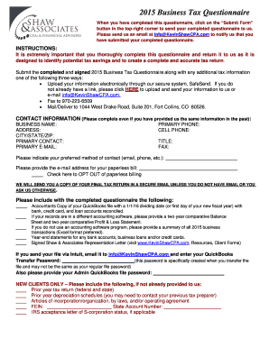 2015 Business Tax Questionnaire